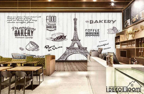 Image of White Wooden Wall Bakery Eiffel Tower Coffee Shop Restaurant Art Wall Murals Wallpaper Decals Prints Decor IDCWP-JB-000951