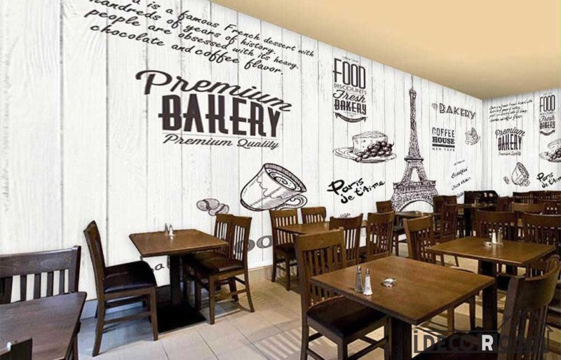 White Wooden Wall Bakery Eiffel Tower Coffee Shop Restaurant Art Wall Murals Wallpaper Decals Prints Decor IDCWP-JB-000951
