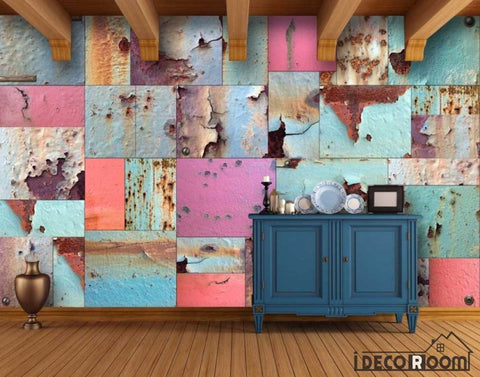Image of Pink Rotten Metal Blocks On Wall Restaurant Art Wall Murals Wallpaper Decals Prints Decor IDCWP-JB-000964