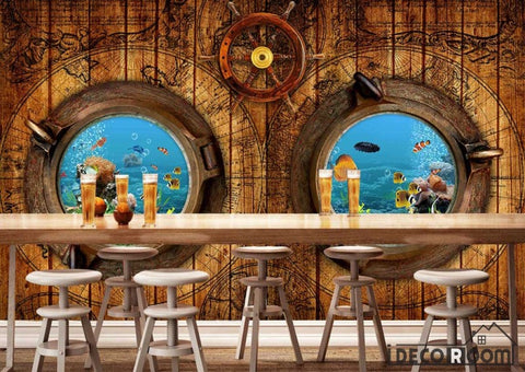 Image of Wooden Wall 3D Aquarium Window Restaurant Art Wall Murals Wallpaper Decals Prints Decor IDCWP-JB-000966