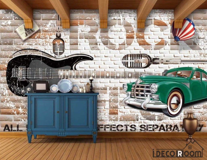 White Brick Wall 3D Vintage Green Car Black Electric Guitar Rock Living Room Art Wall Murals Wallpaper Decals Prints Decor IDCWP-JB-000969