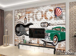 White Brick Wall 3D Vintage Green Car Black Electric Guitar Rock Living Room Art Wall Murals Wallpaper Decals Prints Decor IDCWP-JB-000969