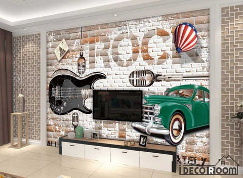 Image of White Brick Wall 3D Vintage Green Car Black Electric Guitar Rock Living Room Art Wall Murals Wallpaper Decals Prints Decor IDCWP-JB-000969