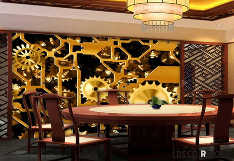 Image of Golden Gear On Wall Living Room Art Wall Murals Wallpaper Decals Prints Decor IDCWP-JB-000971