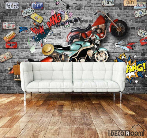 Image of Black Brick Wall 3D Motorbike Target Cars Living Room Art Wall Murals Wallpaper Decals Prints Decor IDCWP-JB-000977