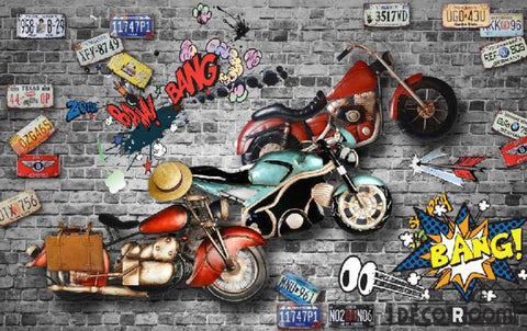 Image of Black Brick Wall 3D Motorbike Target Cars Living Room Art Wall Murals Wallpaper Decals Prints Decor IDCWP-JB-000977