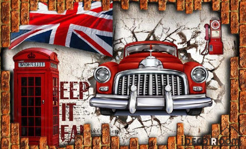 Image of 3D Vintage Old Red Car London Flag Red Cabin Breaking Through Wall Living Room Art Wall Murals Wallpaper Decals Prints Decor IDCWP-JB-000997