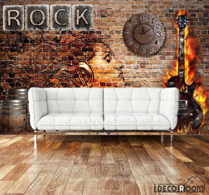 Red Brick Wall Drawing Dj Woman Electric Guitar On Fire Living Room Art Wall Murals Wallpaper Decals Prints Decor IDCWP-JB-000998