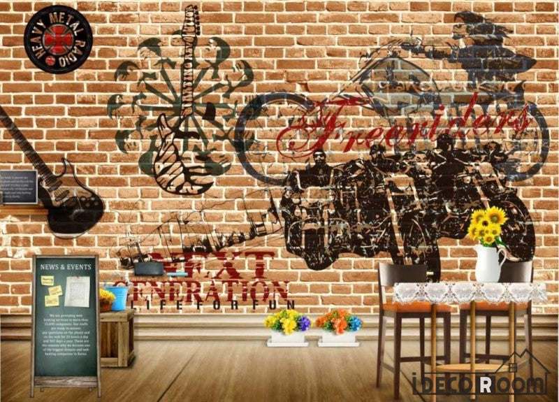 Brick Wall Black Drawing Motorbike Electric Guitar Living Room Restaurant Art Wall Murals Wallpaper Decals Prints Decor IDCWP-JB-000999