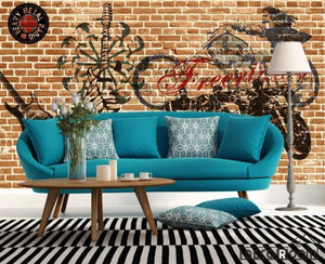 Brick Wall Black Drawing Motorbike Electric Guitar Living Room Restaurant Art Wall Murals Wallpaper Decals Prints Decor IDCWP-JB-000999