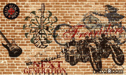Image of Brick Wall Black Drawing Motorbike Electric Guitar Living Room Restaurant Art Wall Murals Wallpaper Decals Prints Decor IDCWP-JB-000999