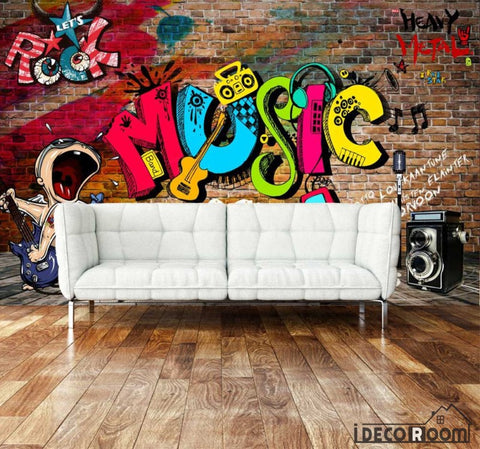 Image of Brick Wall 3D Rock Music Colorful Letters Living Room Art Wall Murals Wallpaper Decals Prints Decor IDCWP-JB-001009