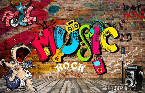Image of Brick Wall 3D Rock Music Colorful Letters Living Room Art Wall Murals Wallpaper Decals Prints Decor IDCWP-JB-001009