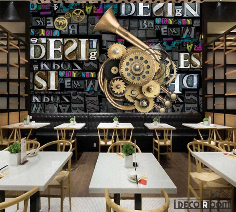 3D Typographic Letters Trompet Gear Restaurant Art Wall Murals Wallpaper Decals Prints Decor IDCWP-JB-001084