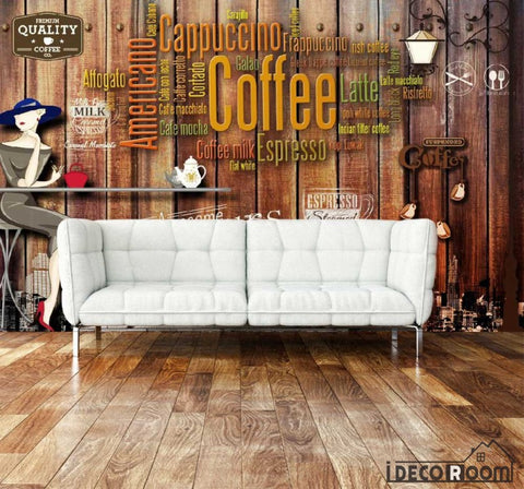 Image of Wooden Wall 3D Coffee Words On Wall Living Room Art Wall Murals Wallpaper Decals Prints Decor IDCWP-JB-001086