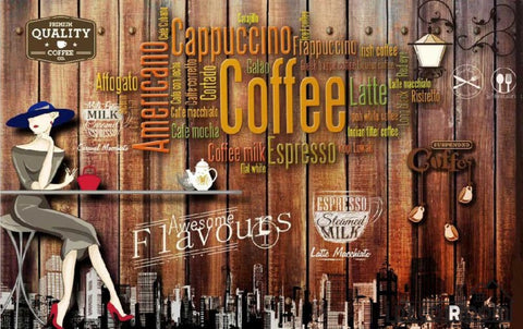 Image of Wooden Wall 3D Coffee Words On Wall Living Room Art Wall Murals Wallpaper Decals Prints Decor IDCWP-JB-001086