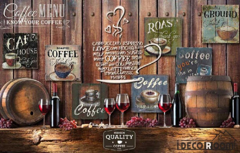 Image of Wooden Wall 3D Coffe Posters Red Wine On Wall Living Room Art Wall Murals Wallpaper Decals Prints Decor IDCWP-JB-001087