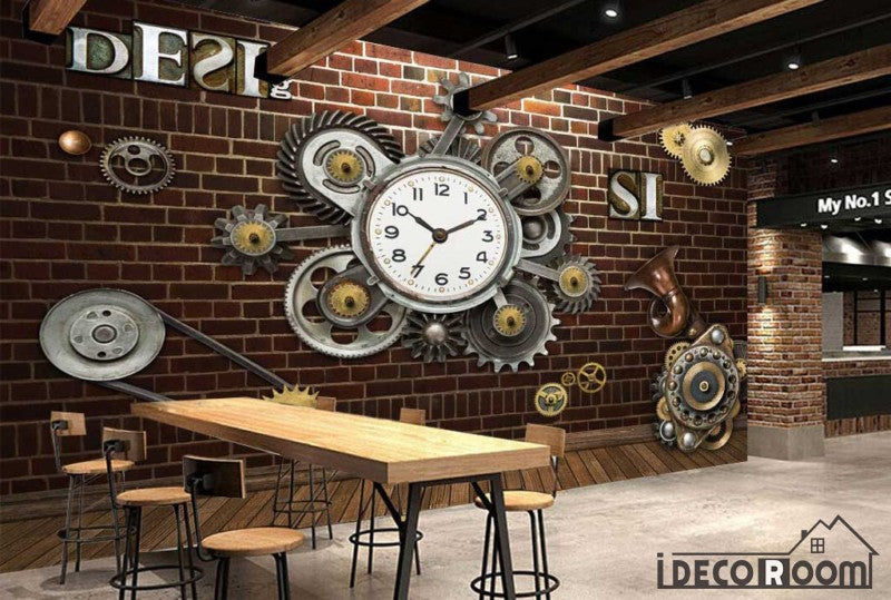 Red Brick Wall 3D Clock Gear Living Room Restaurant Art Wall Murals Wallpaper Decals Prints Decor IDCWP-JB-001095
