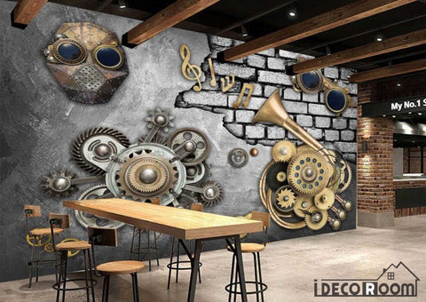 Image of Metal Wall With 3D Trompet Gear Restaurant Art Wall Murals Wallpaper Decals Prints Decor IDCWP-JB-001097