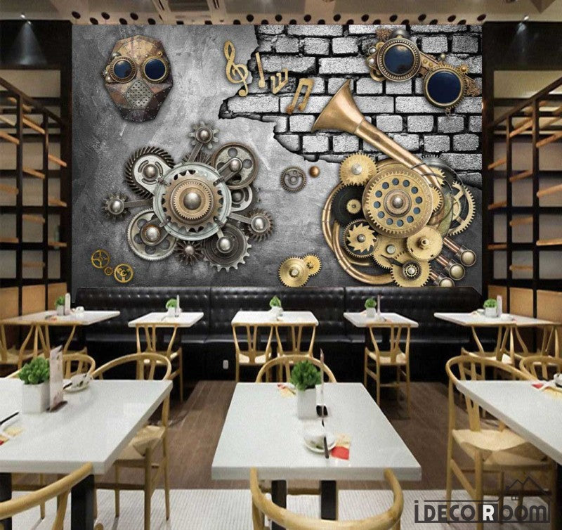 Metal Wall With 3D Trompet Gear Restaurant Art Wall Murals Wallpaper Decals Prints Decor IDCWP-JB-001097