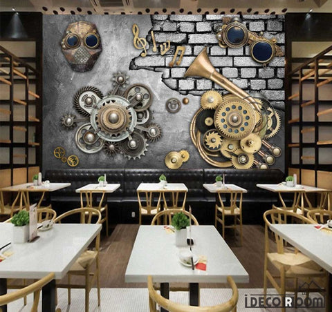 Image of Metal Wall With 3D Trompet Gear Restaurant Art Wall Murals Wallpaper Decals Prints Decor IDCWP-JB-001097