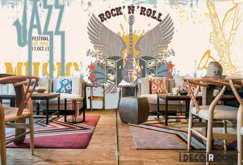 Graphic Design Rock And Roll Jazz Drawing Electric Guitar Wings Living Room Restaurant Art Wall Murals Wallpaper Decals Prints Decor IDCWP-JB-001100