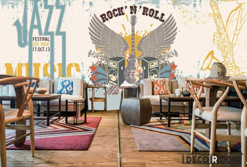 Image of Graphic Design Rock And Roll Jazz Drawing Electric Guitar Wings Living Room Restaurant Art Wall Murals Wallpaper Decals Prints Decor IDCWP-JB-001100