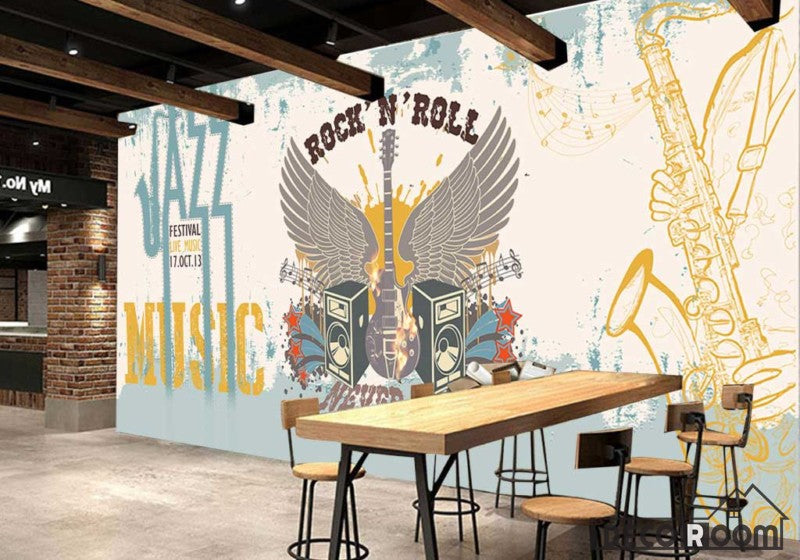 Graphic Design Rock And Roll Jazz Drawing Electric Guitar Wings Living Room Restaurant Art Wall Murals Wallpaper Decals Prints Decor IDCWP-JB-001100