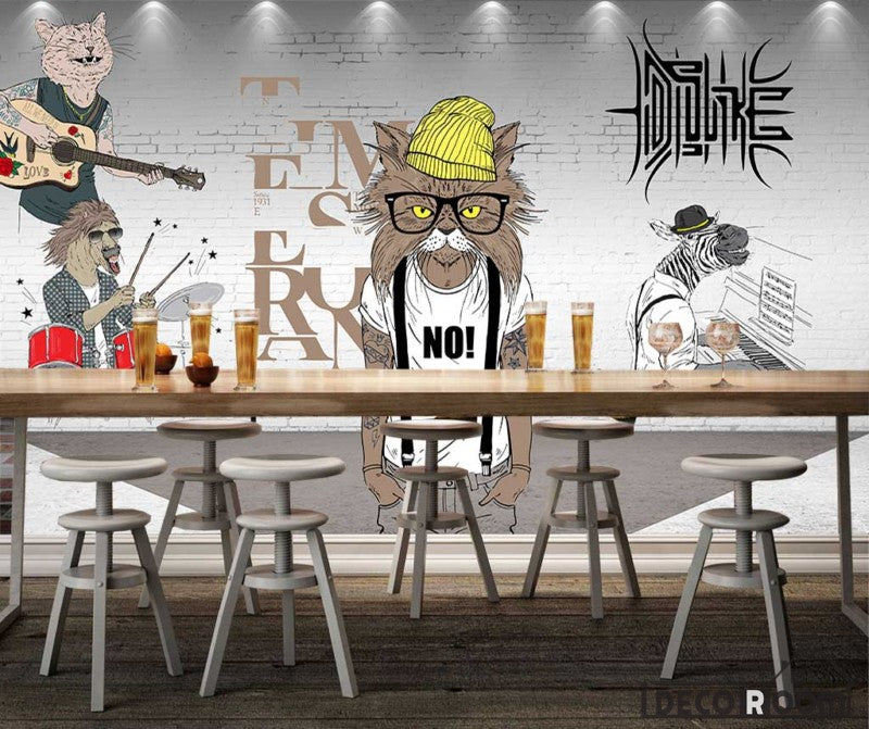 White Brick Wall 3D Hipster Animals Playing Instruments Living Room Restaurant Art Wall Murals Wallpaper Decals Prints Decor IDCWP-JB-001101