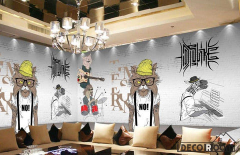 Image of White Brick Wall 3D Hipster Animals Playing Instruments Living Room Restaurant Art Wall Murals Wallpaper Decals Prints Decor IDCWP-JB-001101