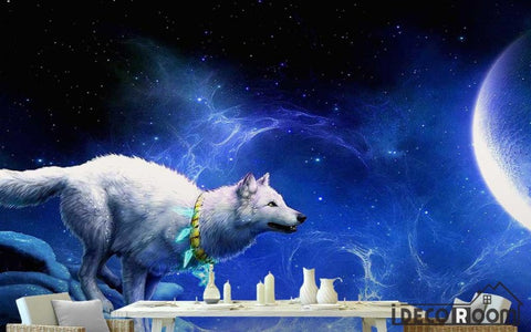 Image of Graphic Design Blue Space 3D White Wolf Moon Living Room Art Wall Murals Wallpaper Decals Prints Decor IDCWP-JB-001102