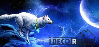 Graphic Design Blue Space 3D White Wolf Moon Living Room Art Wall Murals Wallpaper Decals Prints Decor IDCWP-JB-001102