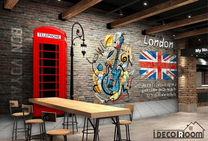 Red Brick Wall 3D Red Cabin Phone London Flag Restaurant Art Wall Murals Wallpaper Decals Prints Decor IDCWP-JB-001104