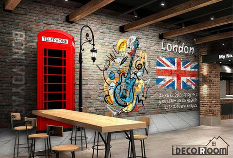 Image of Red Brick Wall 3D Red Cabin Phone London Flag Restaurant Art Wall Murals Wallpaper Decals Prints Decor IDCWP-JB-001104