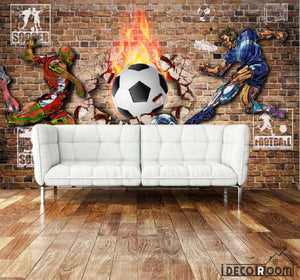 Red Brick Wall 3D Graphic Design Football Players Fire Ball Breaking Through Wall Living Room Art Wall Murals Wallpaper Decals Prints Decor IDCWP-JB-001109
