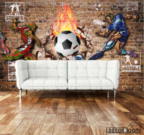 Image of Red Brick Wall 3D Graphic Design Football Players Fire Ball Breaking Through Wall Living Room Art Wall Murals Wallpaper Decals Prints Decor IDCWP-JB-001109