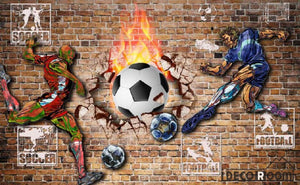 Red Brick Wall 3D Graphic Design Football Players Fire Ball Breaking Through Wall Living Room Art Wall Murals Wallpaper Decals Prints Decor IDCWP-JB-001109