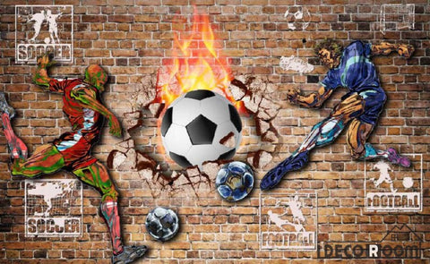 Image of Red Brick Wall 3D Graphic Design Football Players Fire Ball Breaking Through Wall Living Room Art Wall Murals Wallpaper Decals Prints Decor IDCWP-JB-001109