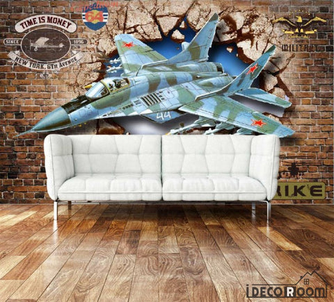 Image of Red Brick Wall 3D Jet Breaking Through Wall Living Room Art Wall Murals Wallpaper Decals Prints Decor IDCWP-JB-001111