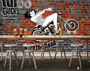 Brick Wall 3D Black And White Motorbike Woman Drawing Restaurant Art Wall Murals Wallpaper Decals Prints Decor IDCWP-JB-001113