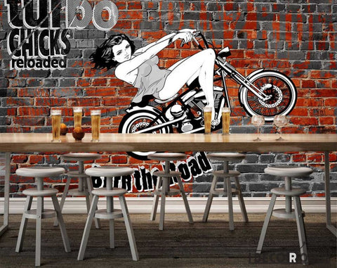 Image of Brick Wall 3D Black And White Motorbike Woman Drawing Restaurant Art Wall Murals Wallpaper Decals Prints Decor IDCWP-JB-001113