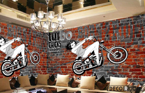 Image of Brick Wall 3D Black And White Motorbike Woman Drawing Restaurant Art Wall Murals Wallpaper Decals Prints Decor IDCWP-JB-001113