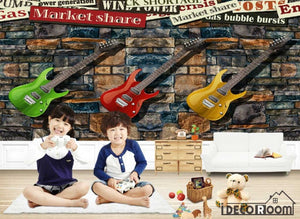 Stone Wall 3D Colorful Electric Guitars Hanging On Wall Living Room Art Wall Murals Wallpaper Decals Prints Decor IDCWP-JB-001117