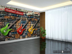 Stone Wall 3D Colorful Electric Guitars Hanging On Wall Living Room Art Wall Murals Wallpaper Decals Prints Decor IDCWP-JB-001117