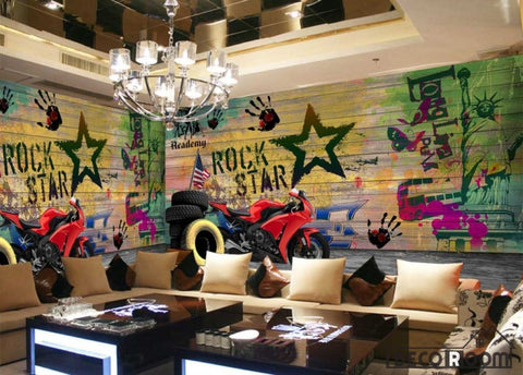 Image of Colorful Wooden Wall Rock Star Drawings Red Motorbike Restaurant Art Wall Murals Wallpaper Decals Prints Decor IDCWP-JB-001120