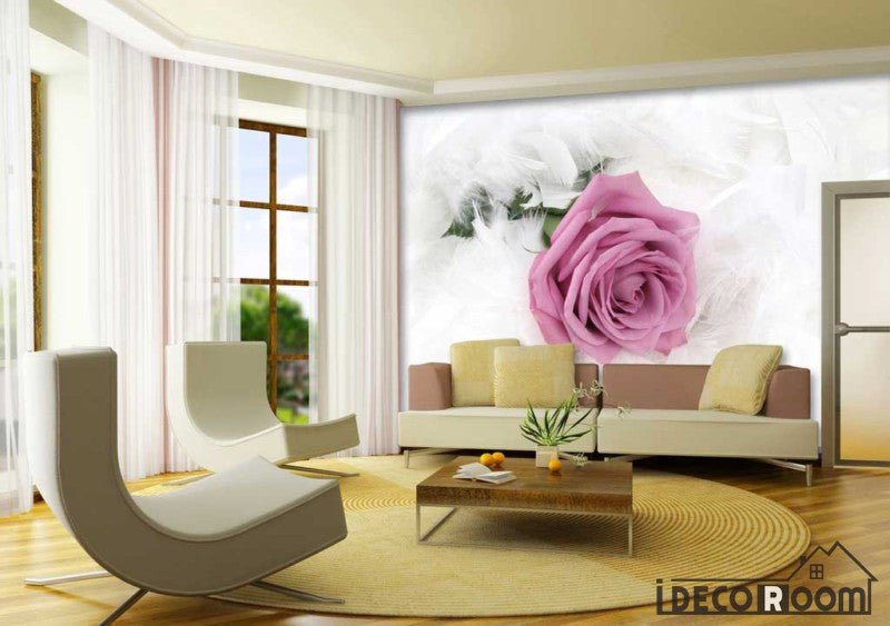 Graphic Design 3D Pink Rose White Feathers Living Room Art Wall Murals ...