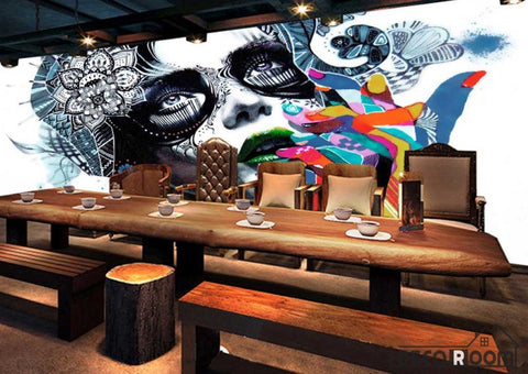 Image of Graphic Design Painting Face Of Woman Colorful Hands Restaurant Art Wall Murals Wallpaper Decals Prints Decor IDCWP-JB-001123