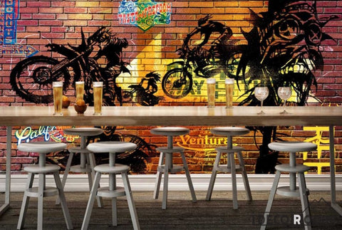 Image of Colorful Brick Wall Black Drawing Motorbike Restaurant Art Wall Murals Wallpaper Decals Prints Decor IDCWP-JB-001133