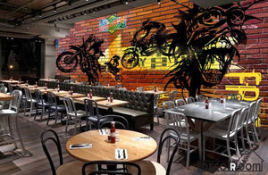 Colorful Brick Wall Black Drawing Motorbike Restaurant Art Wall Murals Wallpaper Decals Prints Decor IDCWP-JB-001133