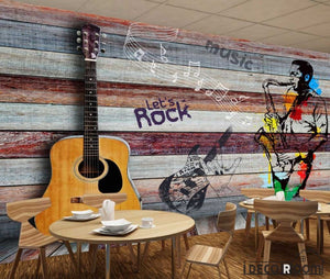 Colorful Wooden Wall 3D Guitar Drawing Man With Saxophone Restaurant Art Wall Murals Wallpaper Decals Prints Decor IDCWP-JB-001135